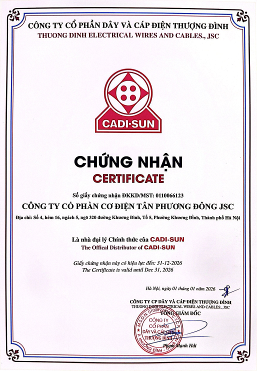 Chứng nhận đại lý chính thức CADI-SUN - Công ty Cổ phần Cơ điện Tân Phương Đông JSC
